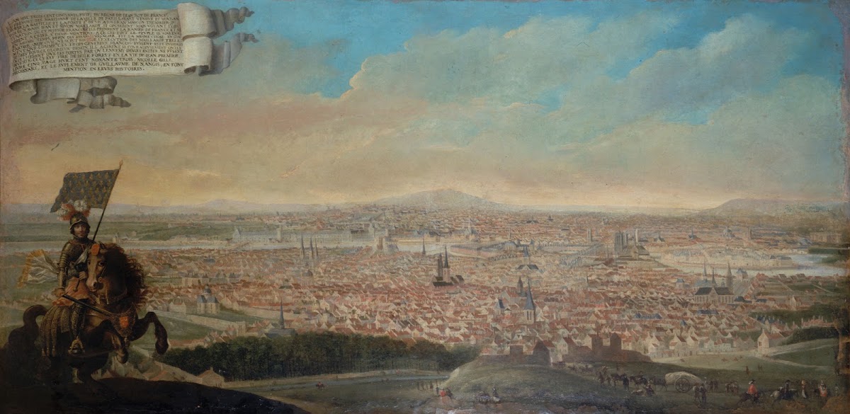 Vue cavalière de Paris avec le portrait équestre de Pépin des Essarts 1645