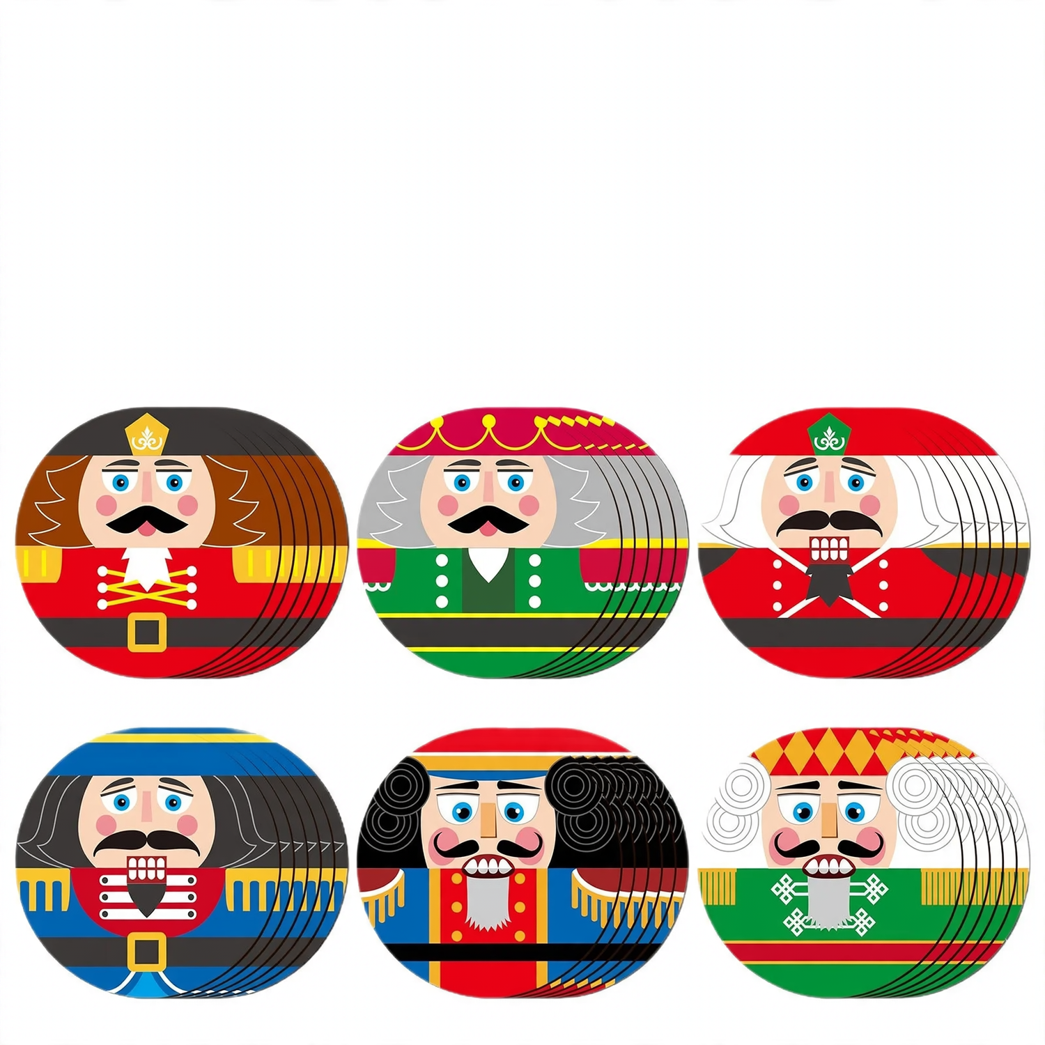Nutcracker wooden ornaments, round, set of 6