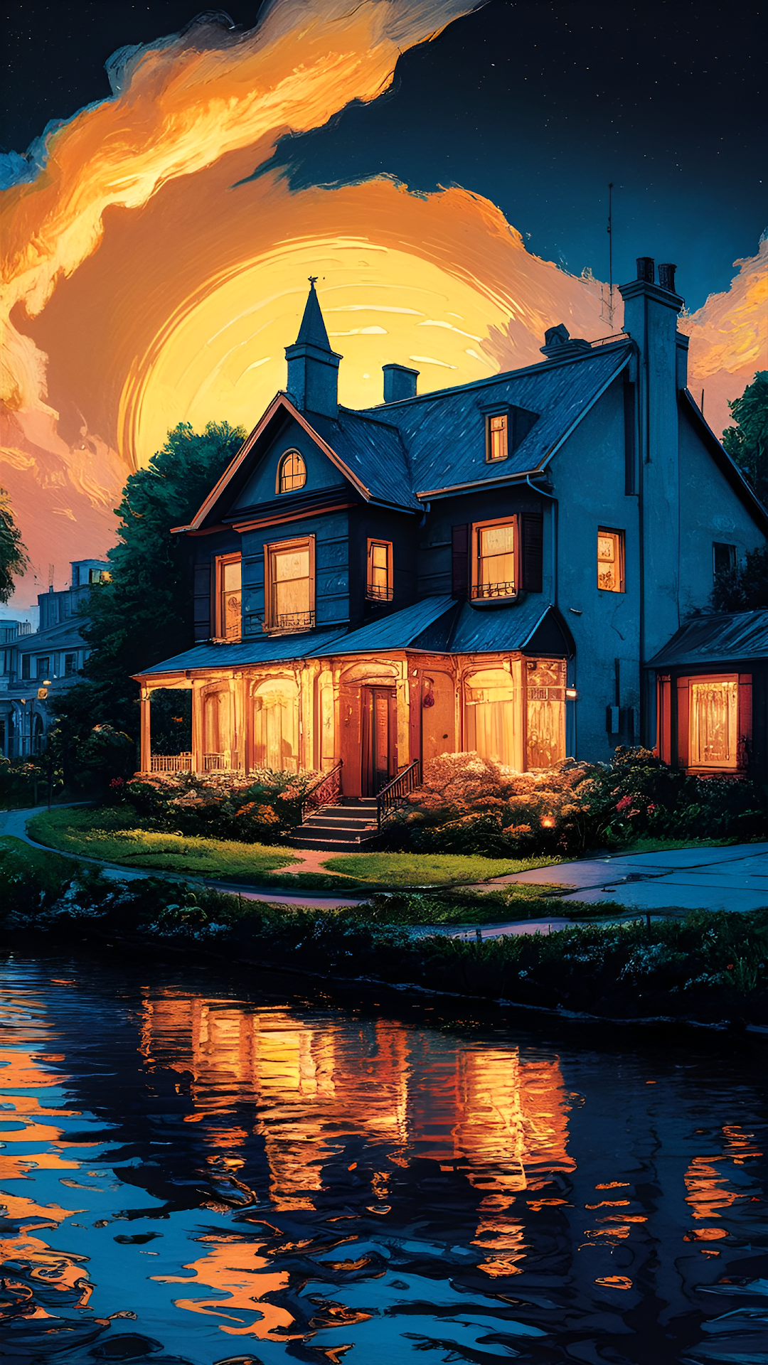 Impressionist Victorian Mansion Sunset Reflection Painting - Free 4K mobile Wallpaper