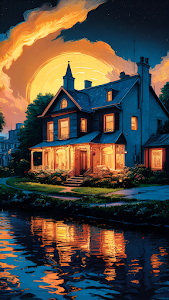 Impressionist Victorian Mansion Sunset Reflection Painting