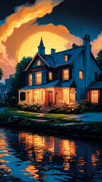 Impressionist Victorian Mansion Sunset Reflection Painting - Free mobile Wallpaper