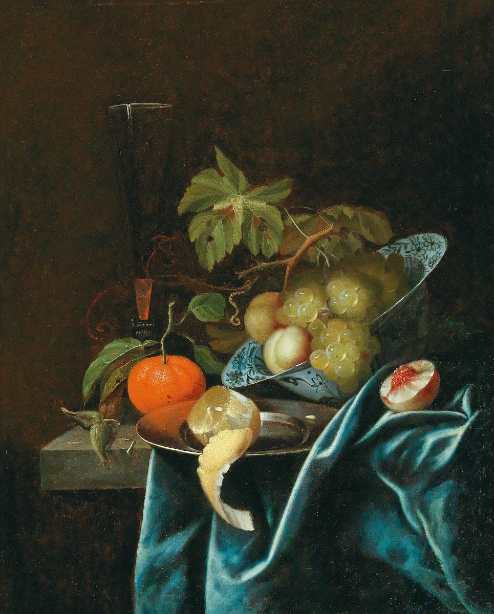 Oranges lemons and peaches on a tin plate and a Wan Li bowl