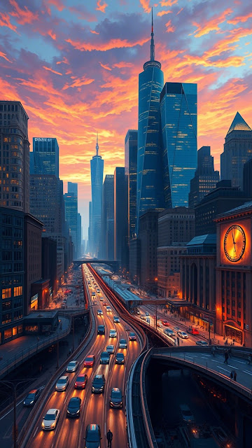 Downtown Freeway Traffic Sunset Skyscraper View - Free mobile Wallpaper