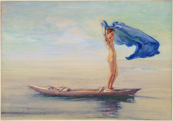 Girl in Bow of Canoe Spreading Out Her Loin Cloth for a Sail Samoa 1895 1896