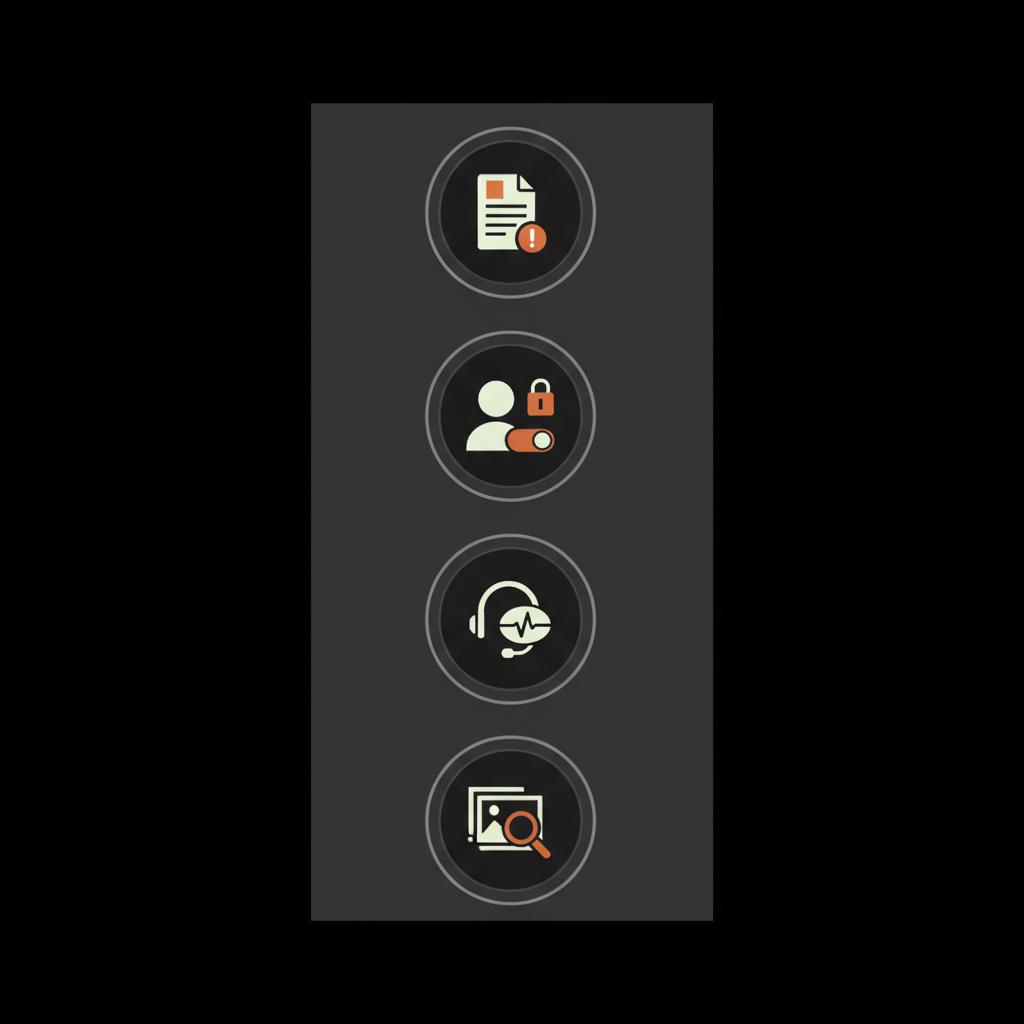 Minimal 2D vector infographic with four icons (document incident, pause logins, contact support, gather proof) on black background — lost access to my Facebook page