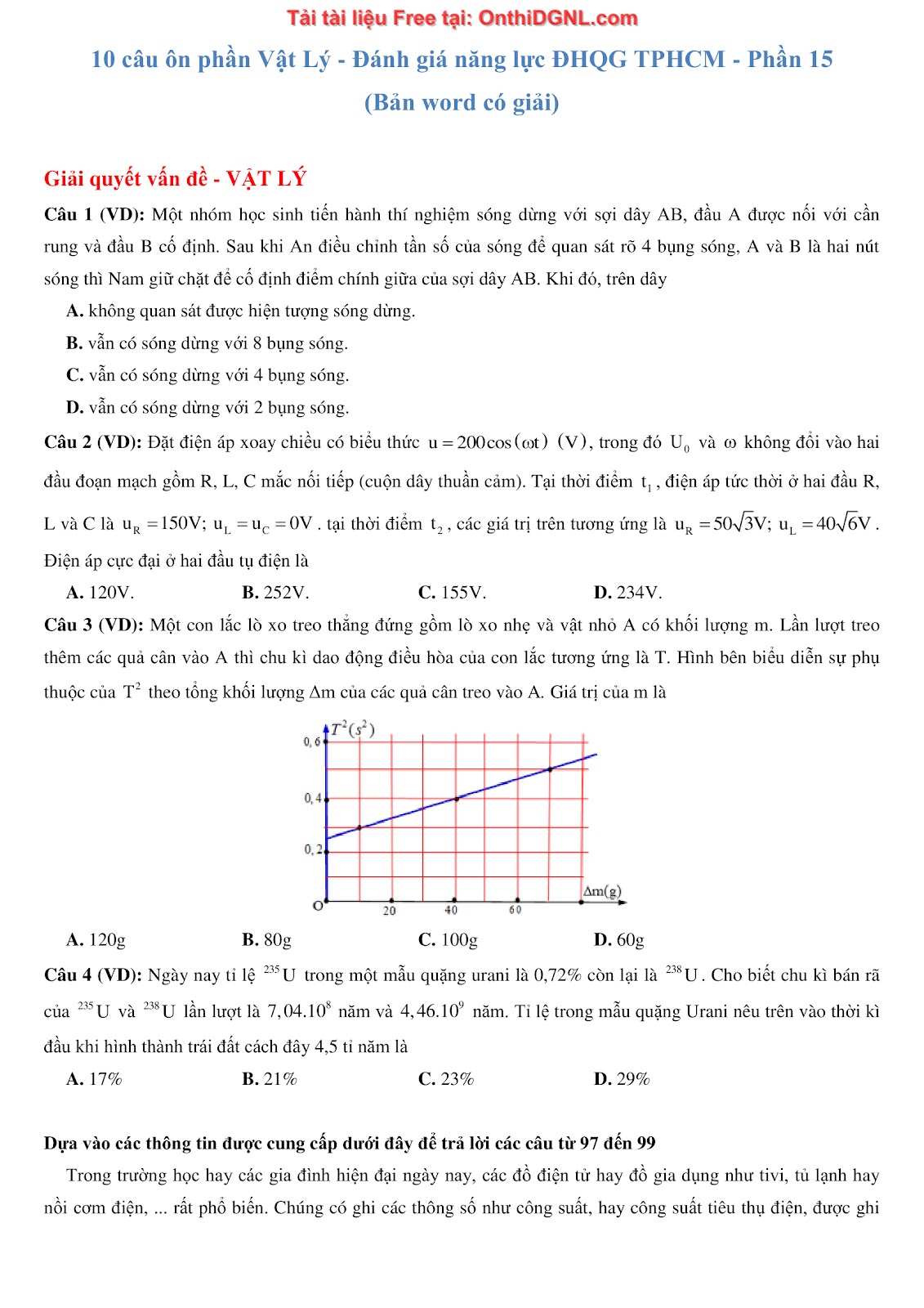 300 bài tập môn Vật Lý - Ôn thi ĐGNL ĐHQG TPHCM Phần 15