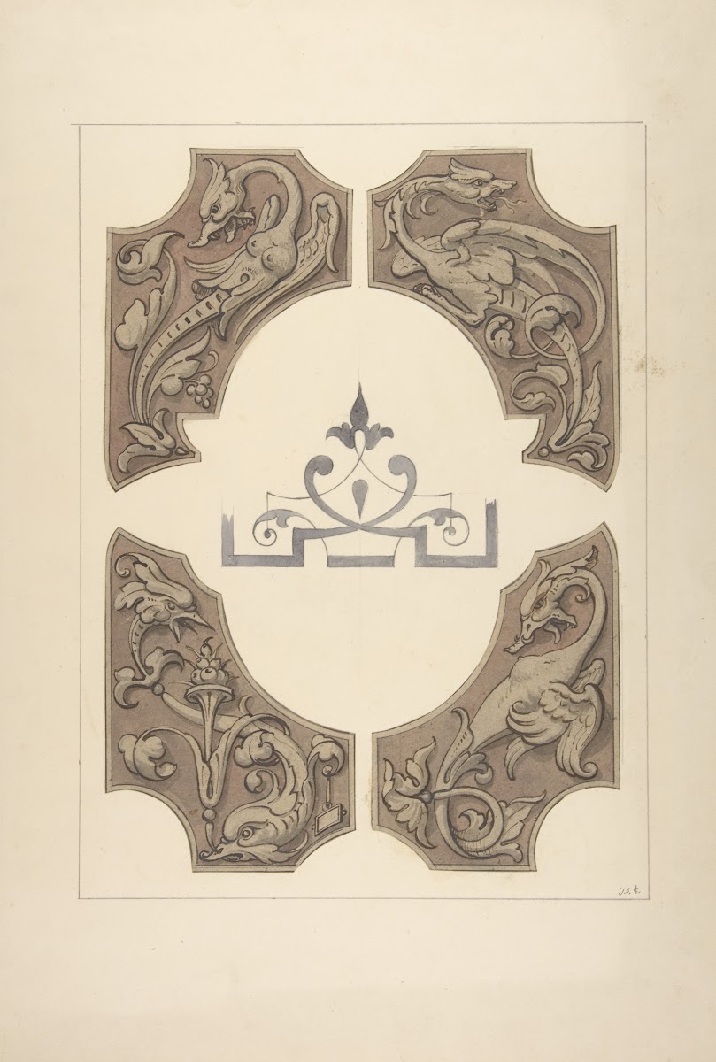 Grotesque designs featuring griffin birds and dolphins 183097