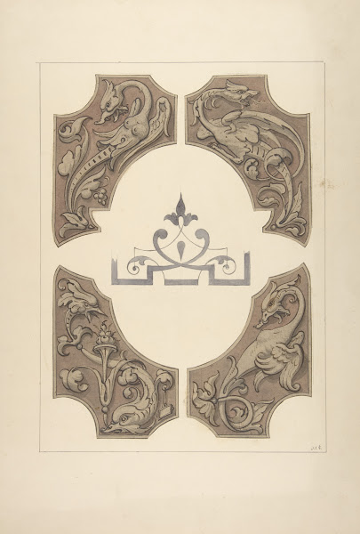 Grotesque designs featuring griffin birds and dolphins 183097