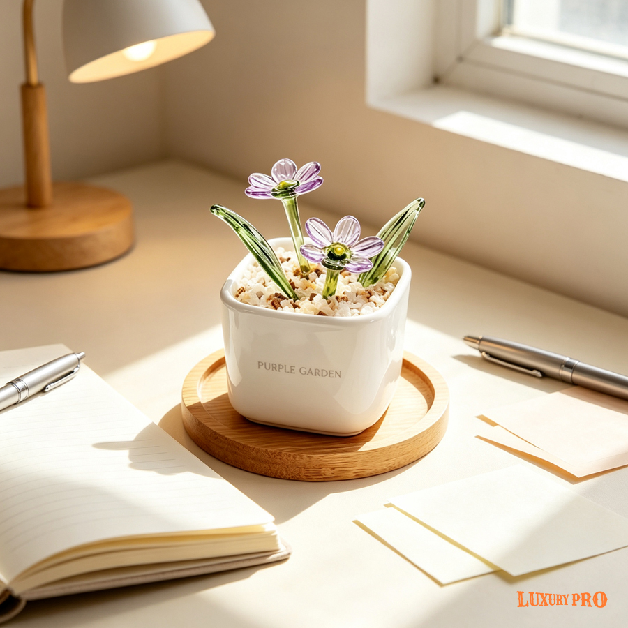 Wooden Base With Glass Flowers