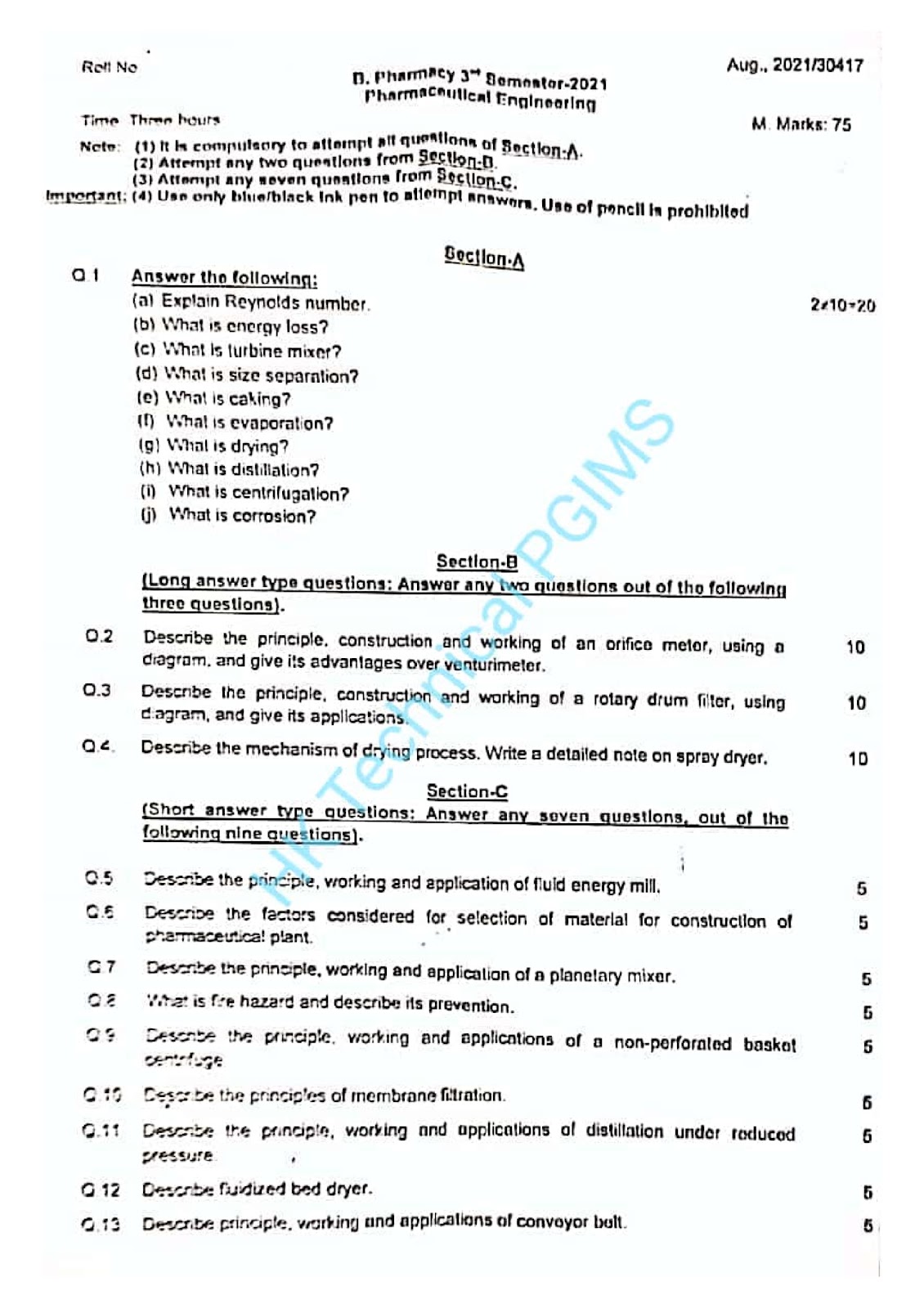 BP304T Pharmaceutical Engineering, Aug 2021 UHSR 3rd Semester B.Pharmacy Previous Year's Question Paper,BP304T Pharmaceutical Engineering,BPharmacy,Previous Year's Question Papers,BPharm 3rd Semester,PGIMS Question Paper,SDPGIPS UHS Rohtak,University of Health Sciences Rohtak (UHSR),