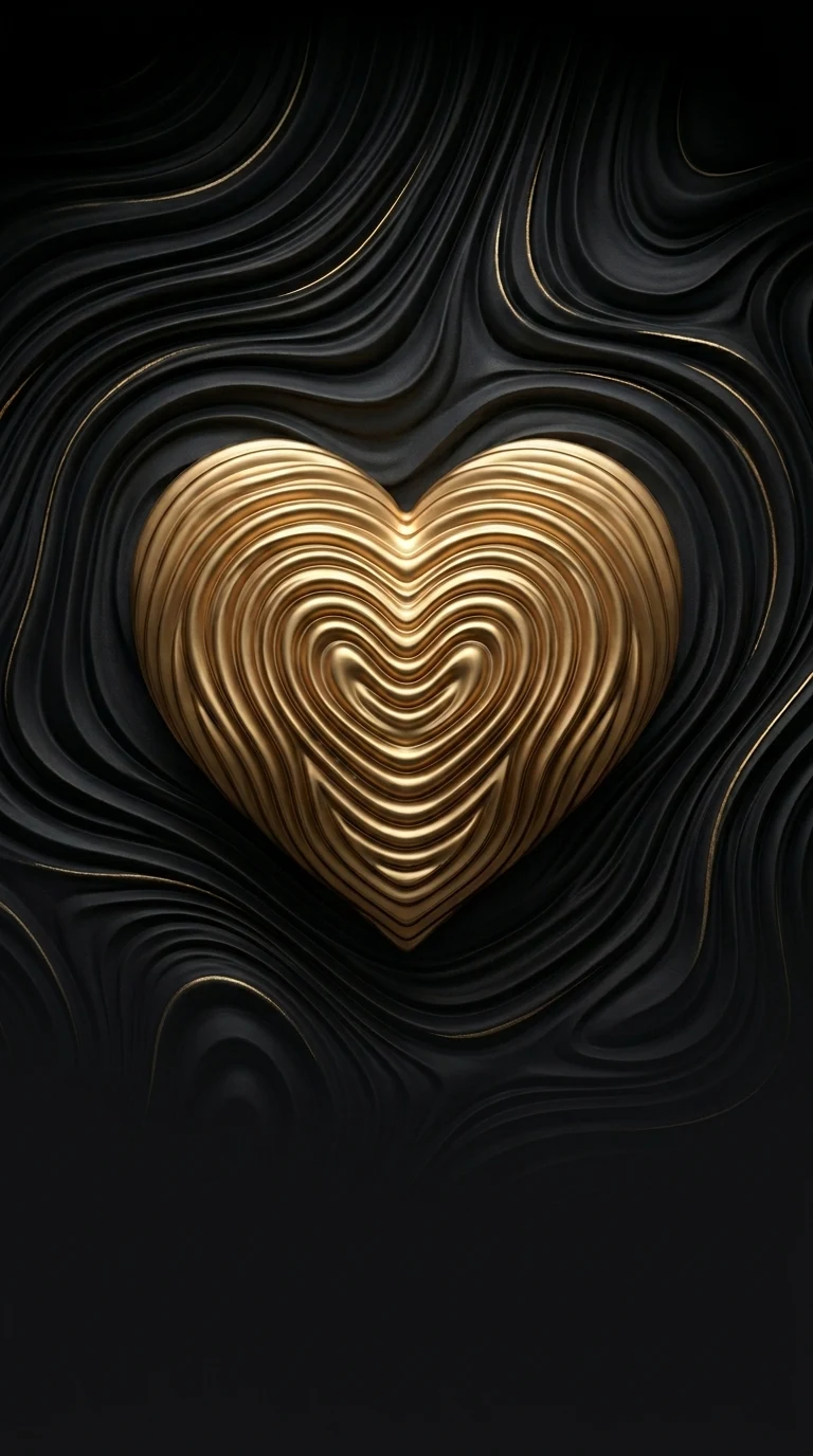 Abstract Symmetrical Gold Heart on Textured Black Swirls Wallpaper - Free 4K mobile Wallpaper