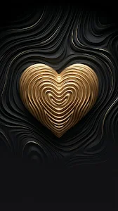 Abstract Symmetrical Gold Heart on Textured Black Swirls Wallpaper