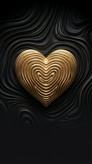 Abstract Symmetrical Gold Heart on Textured Black Swirls Wallpaper