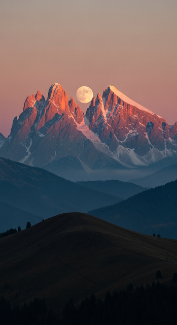 Layers of Snowy Mountains with Alpenglow and Moonrise at Dusk - Free mobile Wallpaper