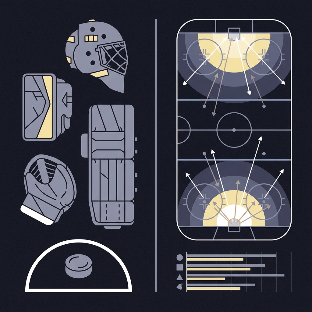 Minimalist 2D vector infographic split panels showing stylized goalie equipment and a high shot volume play chart illustrating shot zones and totals How NHL Totals Markets Work