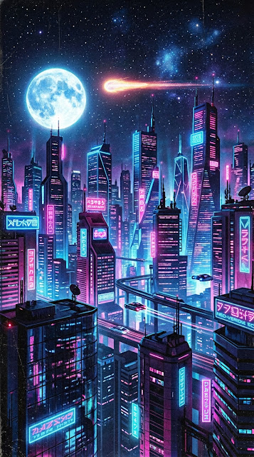 80s Style Neon Cityscape with Full Moon and Meteor - Free mobile Wallpaper