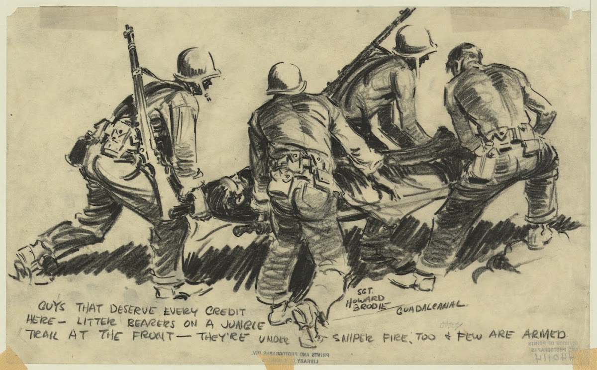 Litter bearers on a jungle trail at the front 1942