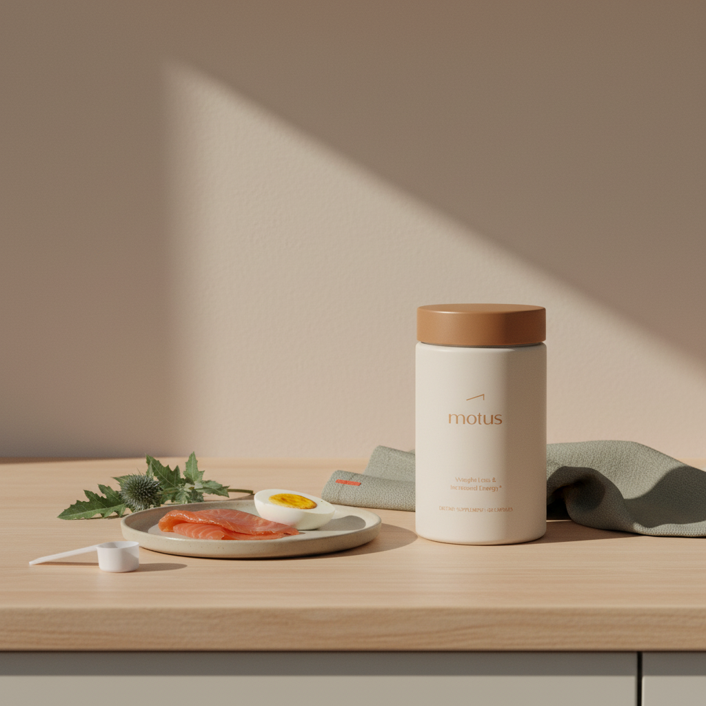 Motus supplement jar beside smoked salmon, egg, milk thistle and scoop on a minimalist wooden counter — what is the most effective thing for weight loss?