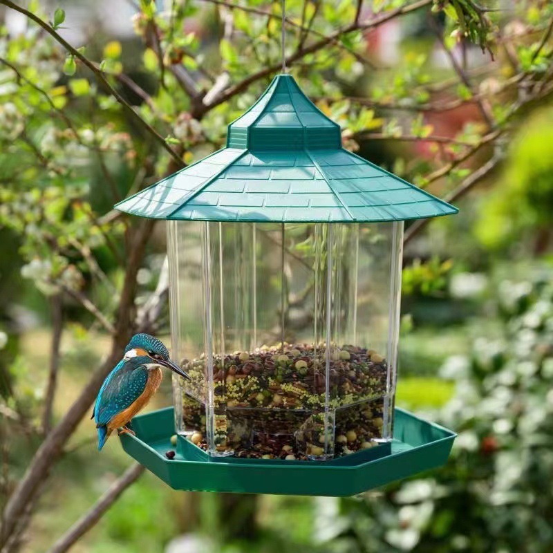 Transparent, weatherproof hanging bird feeder