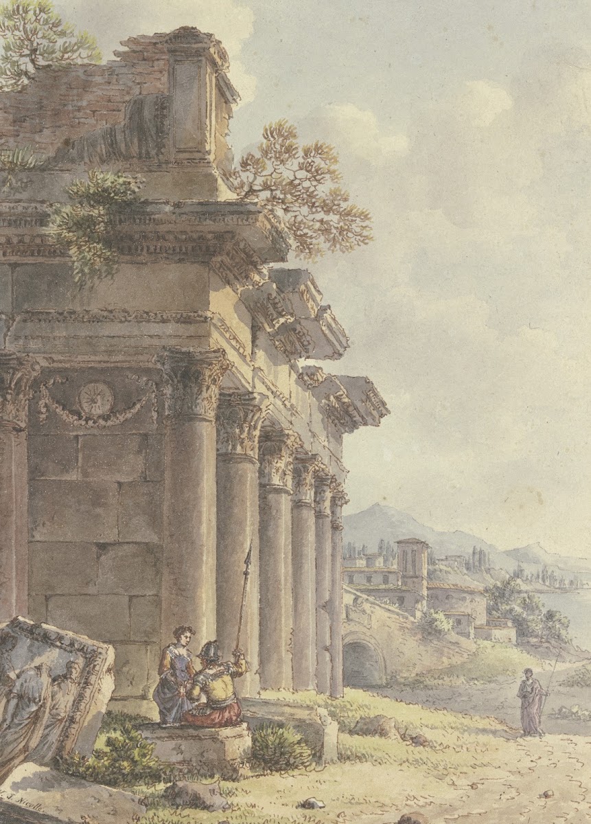 Architektonisches Capriccio Ruinen einer Tempelfassade im Hintergrund Landschaft