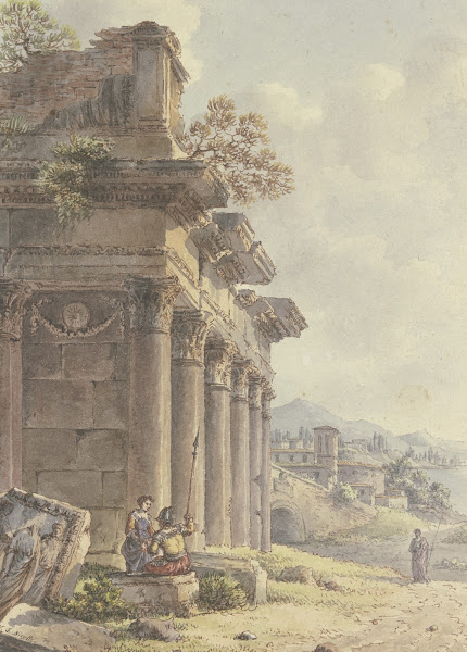 Architektonisches Capriccio Ruinen einer Tempelfassade im Hintergrund Landschaft