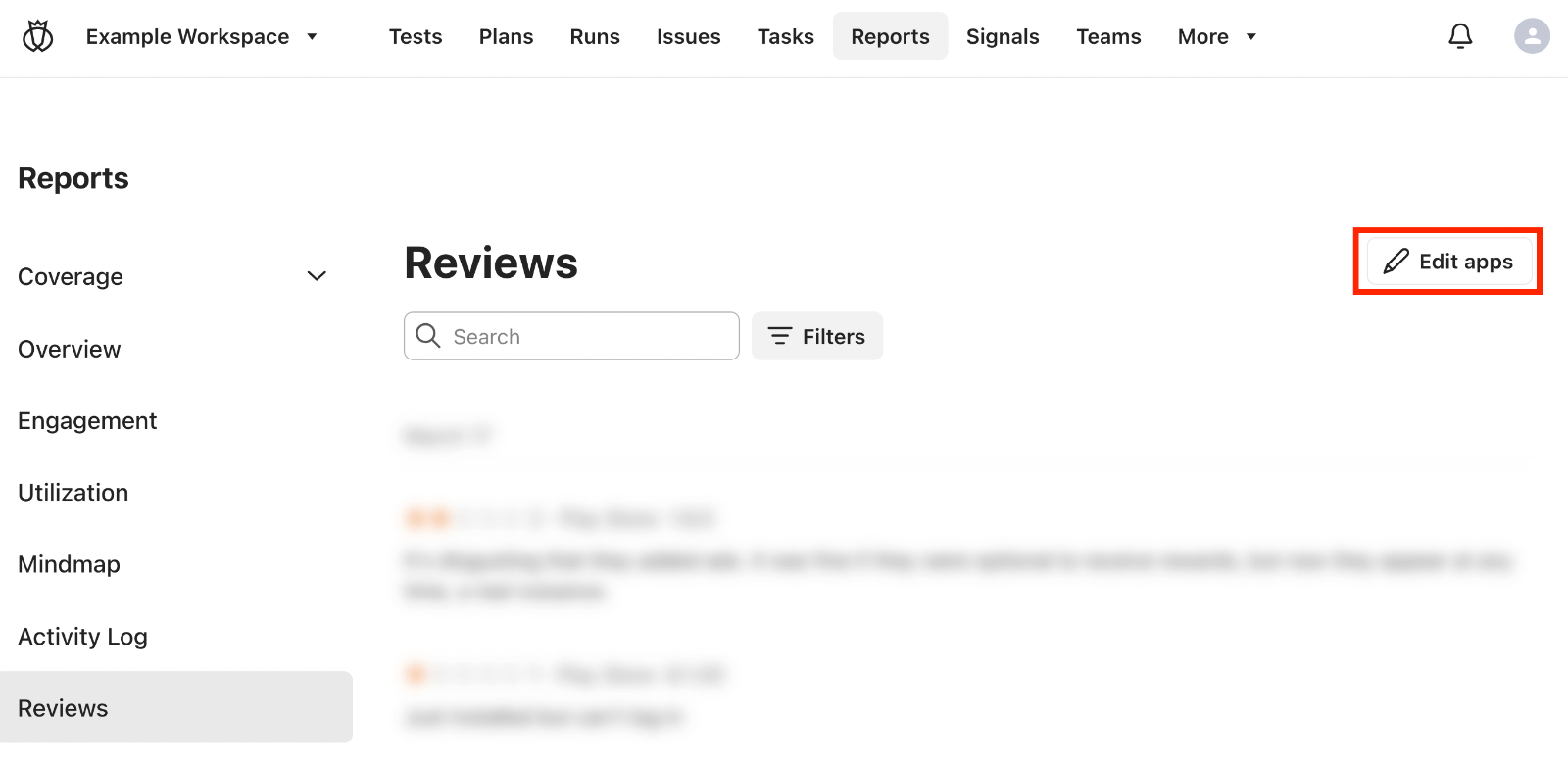The button to 'Edit apps' in the Reviews section of Reports.