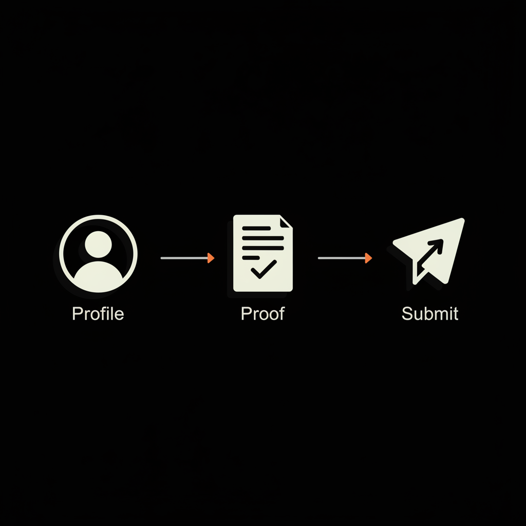 Minimal full-frame infographic showing three vector icons (Profile → Proof → Submit) on a black background in Social Success Hub brand colors, illustrating Instagram blue tick verification flow.