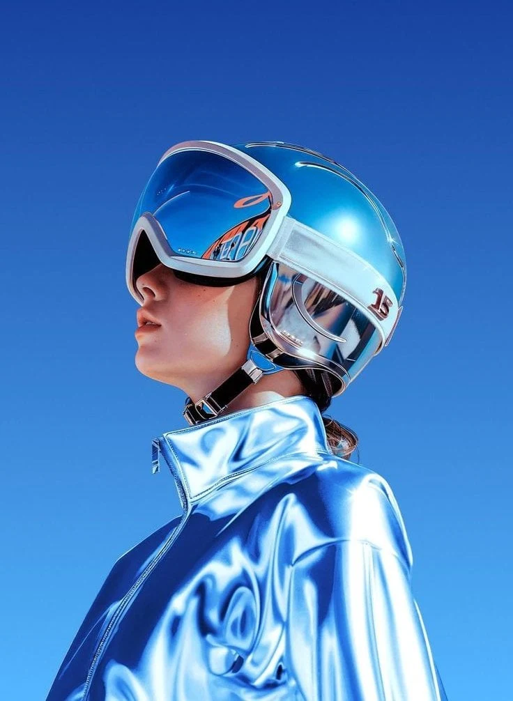 Retrato futurista ultrarrealista de una joven de perfil, mirando hacia la izquierda, con un vestido metálico reflectante...