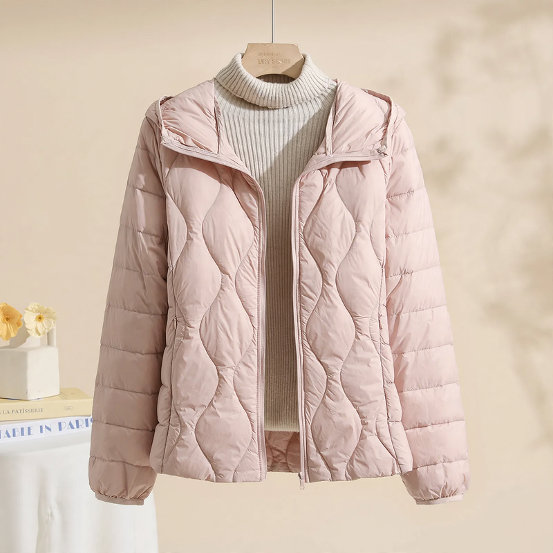 Lightweight, thin down jacket with a hood for women