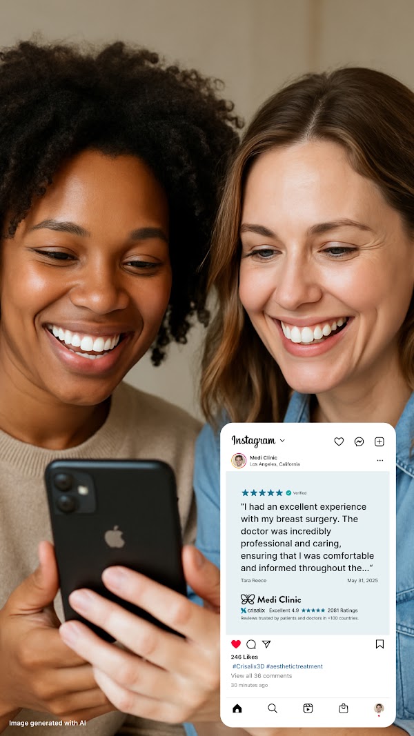 Deux patients lisant les évaluations Crisalix et les avis de médecins sur un smartphone. 1080px x 1920px.