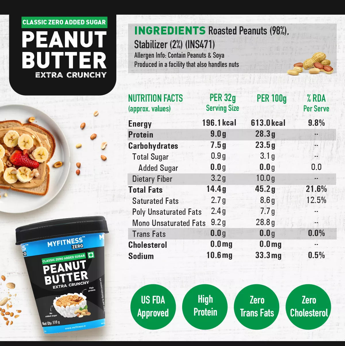 MyFitness Peanut Butter - Classic Zero — Extra Crunchy, 510 g