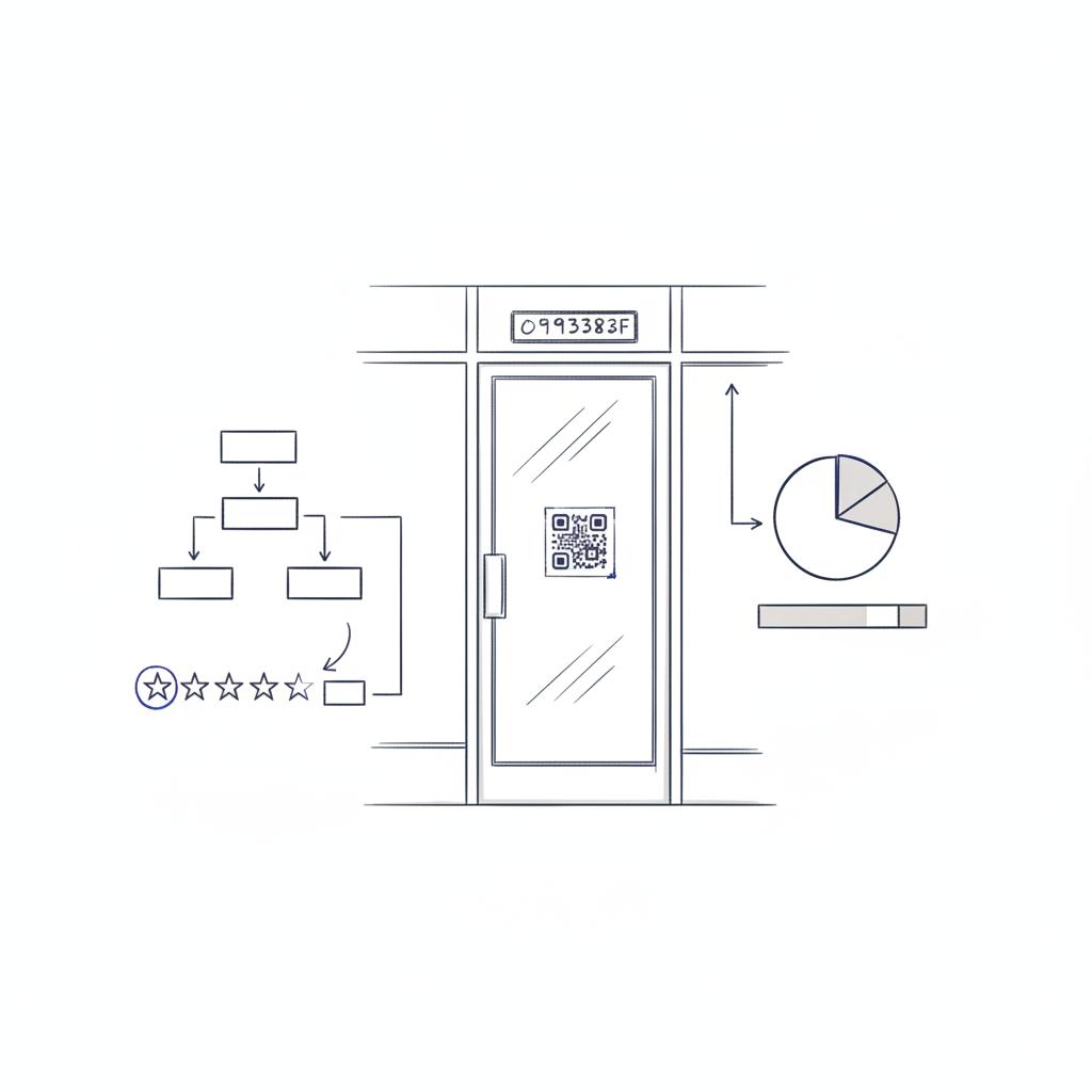 Close-up sketch-style storefront door with visible phone area and small QR sticker, surrounded by tidy diagrams about negative Google reviews, minimalist white background.