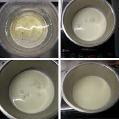 Ngâm lá gelatine vào bát nước lạnh cho mềm. Không nên dùng nước nóng vì lá gelatine sẽ nát và nhũn, không có tác dụng làm đông. Đổ kem whipping, sữa tươi, đường vào nồi. Vặn lửa to đun đến khi sôi khoảng 80°C thì vặn lửa nhỏ khoảng 2 phút thì tắt bếp. Không cần khuấy khi đun.