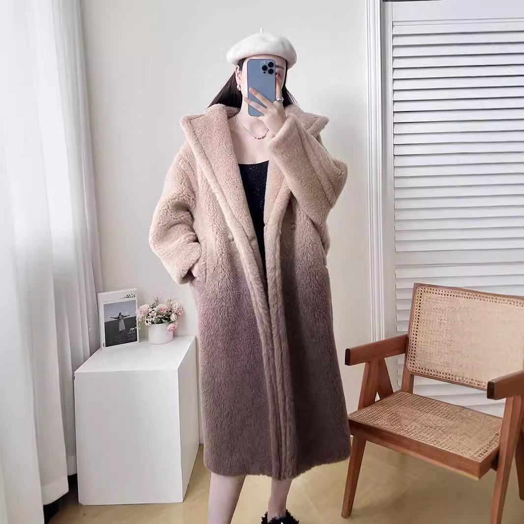 Women's Teddy Coat, mid-length, alpaca wool, gradient