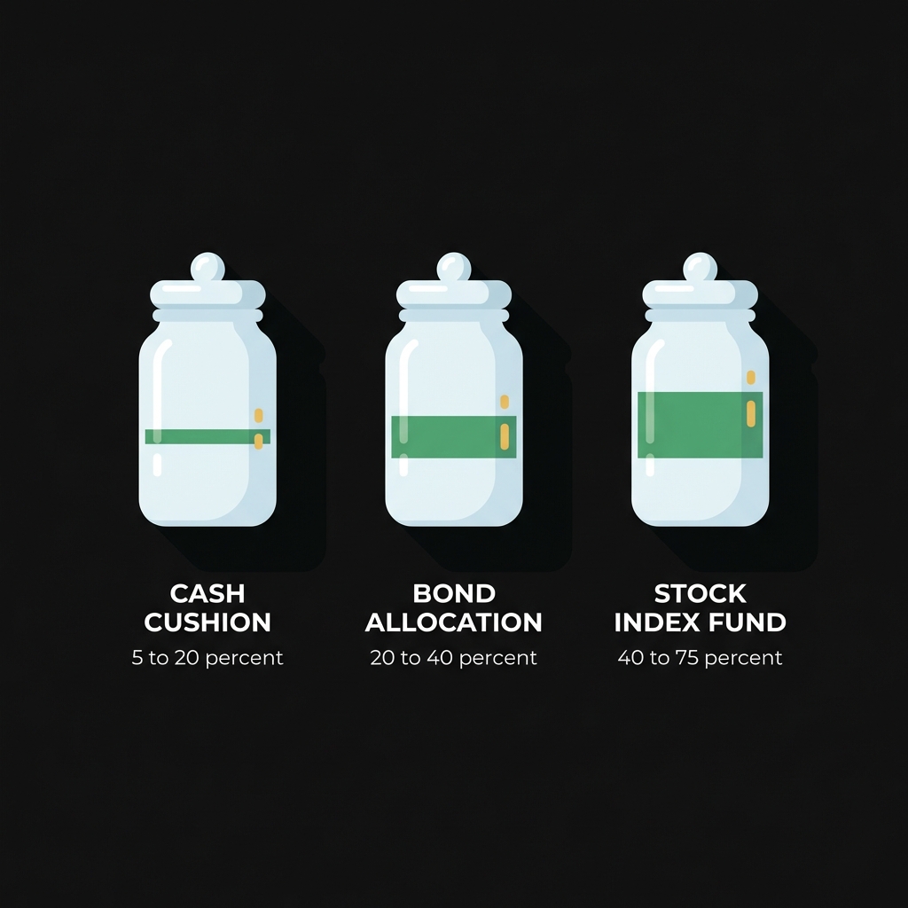 Three minimalist flat jars labeled cash cushion bond allocation stock index fund with percentage ranges illustrating how to earn money from investing