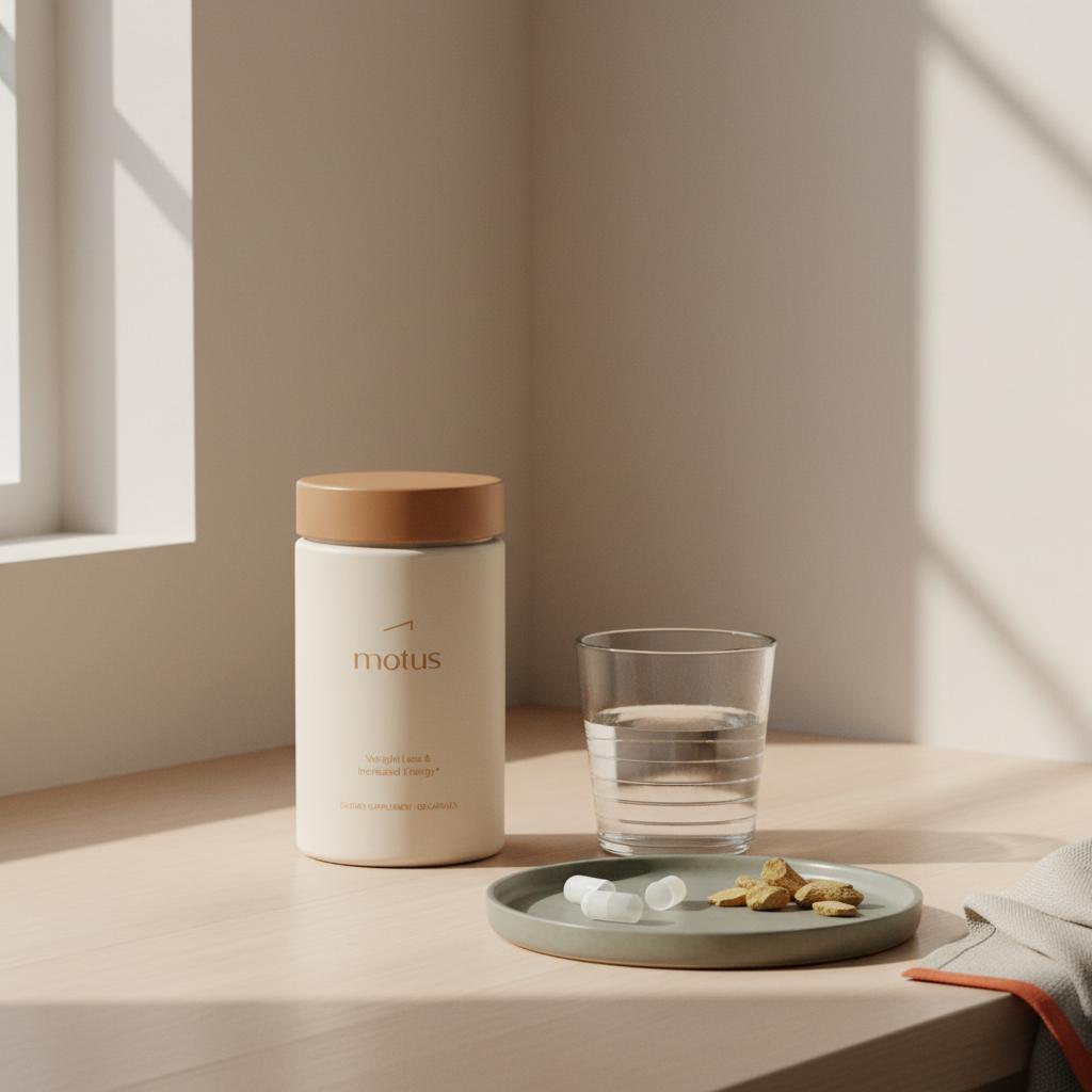 Tonum supplement container on a minimalist kitchen counter beside a glass of water and a small plate with capsule shells and berberine root fragments — best form of berberine to take