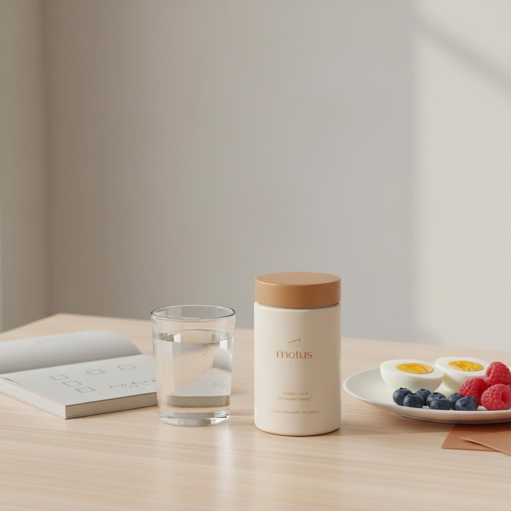 Motus supplement container staged on a minimalist table with water, notebook checklist, eggs and berries as a best appetite suppressant lifestyle scene