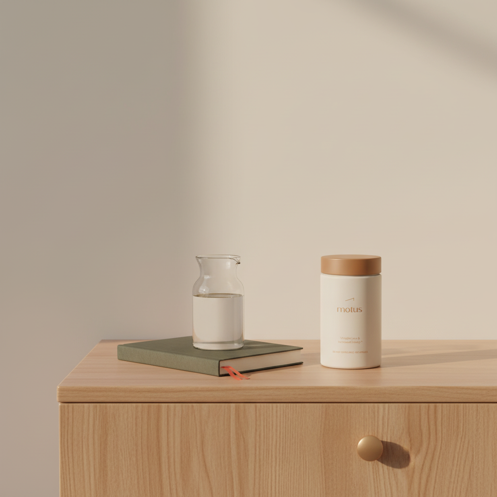 Minimalist bedside scene with Motus supplement bottle on wooden table next to a morning journal and water carafe — what to tell my doctor before taking phentermine