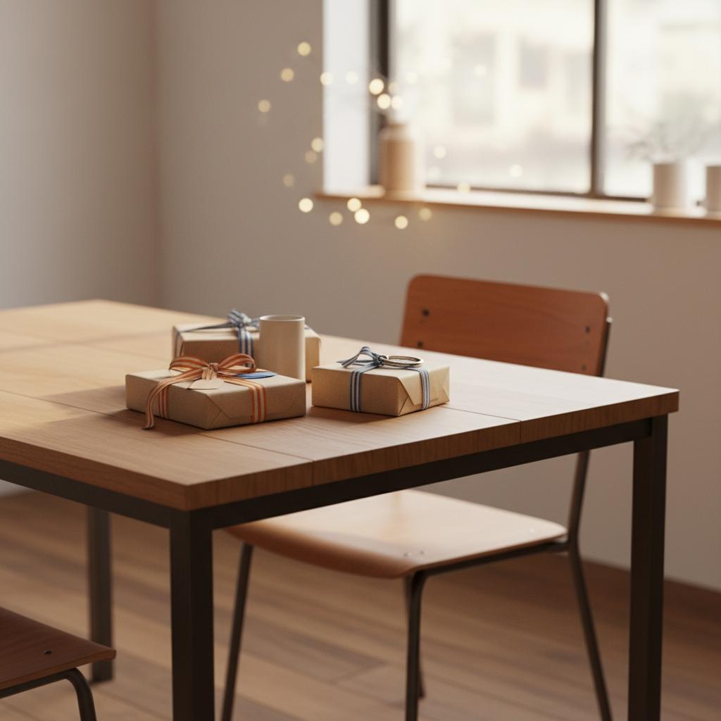 Nahaufnahme eines Holztisches mit Geschenkpaketen und kleinem Metall-Schlüsselanhänger, warmes Licht und leichter Industriecharme — geschenkideen mutter weihnachten