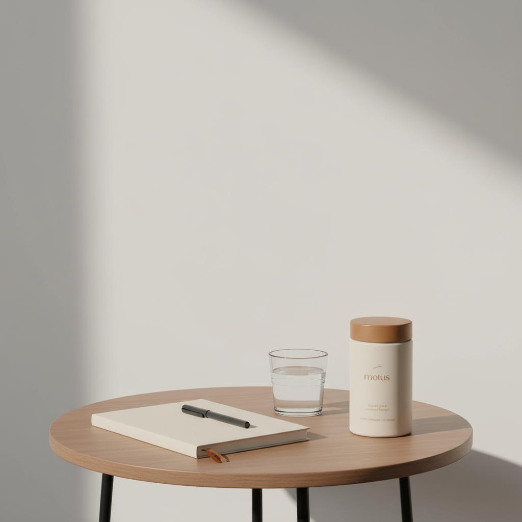 Minimal morning bedside scene with Motus supplement jar beside notebook and glass of water, promoting weight loss routine for lower belly pooch