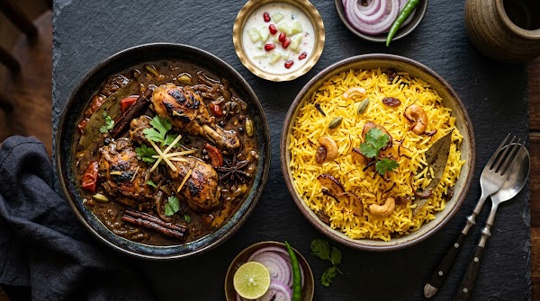 Smoky Chicken Ishtu + Saffron Pulao