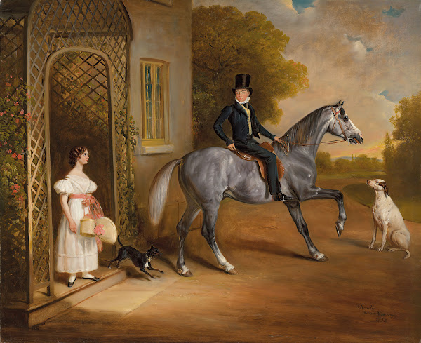 Master John Marriott on a grey horse with his sister Annis and their dogs outsid