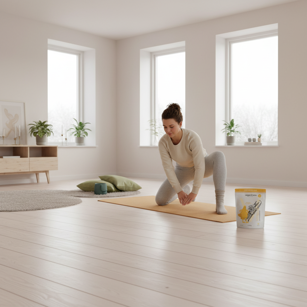 Person dehnt sich auf Yogamatte in hellem skandinavischen Wohnzimmer neben dem Produkt, winterliches Fensterlicht, ruhige natürliche Töne — vegane ernährung gesundheit