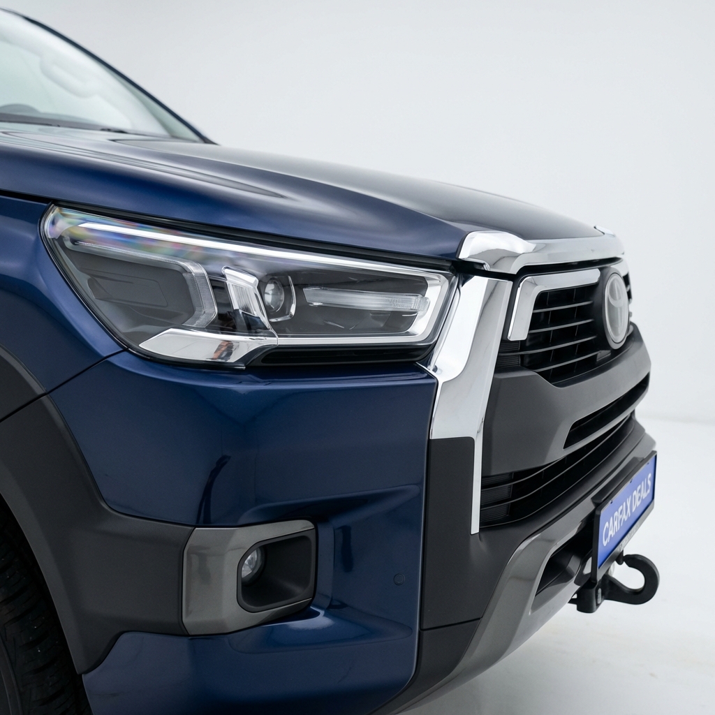 Close up full frame photo of a Hilux style pickup headlamp and bumper showing regional market differences and trim details toyota hilux for sale