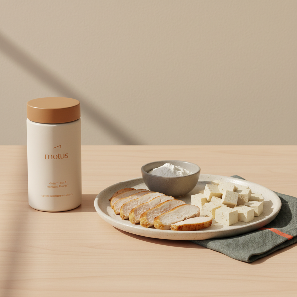 Bright kitchen still life with Tonum Motus jar and plate of low-calorie high-protein foods (chicken, protein powder, tofu, Greek yogurt) — how to get 100g protein a day low calories