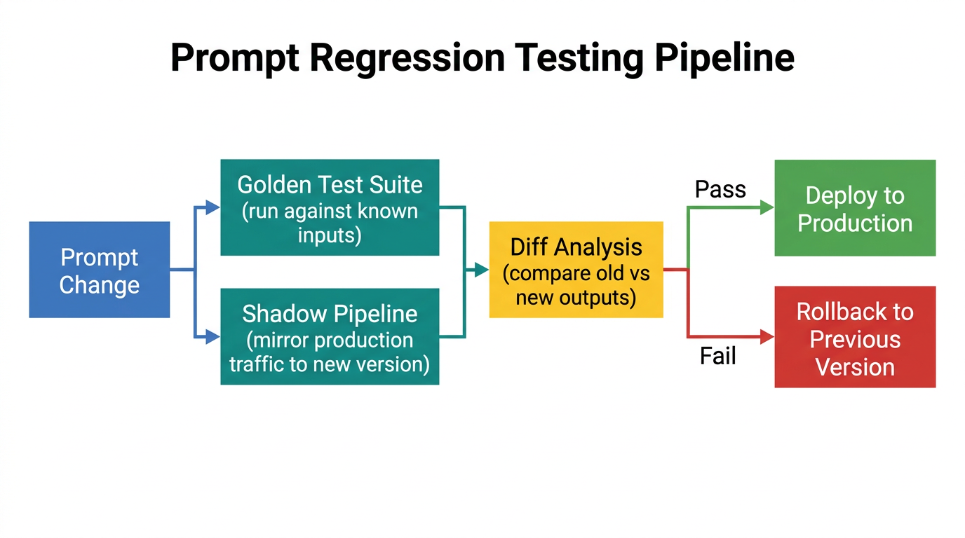 Flow diagram showing a prompt regression testing pipeline from prompt change through golden test suite and shadow pipeline to diff analysis and deploy or rollback decision