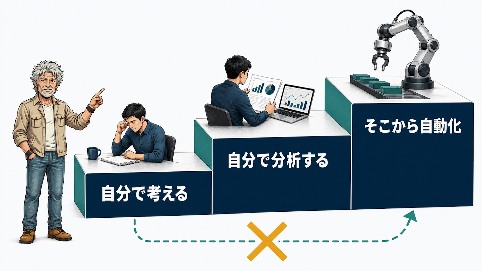 自分で考える・自分で分析する・そこから自動化という順番を示す階段図
