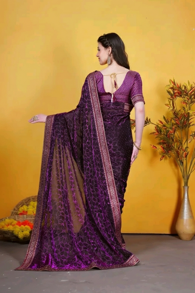 Party wear saree for women and girls with sequin  lace border and blouse piece farewell saree for girls
