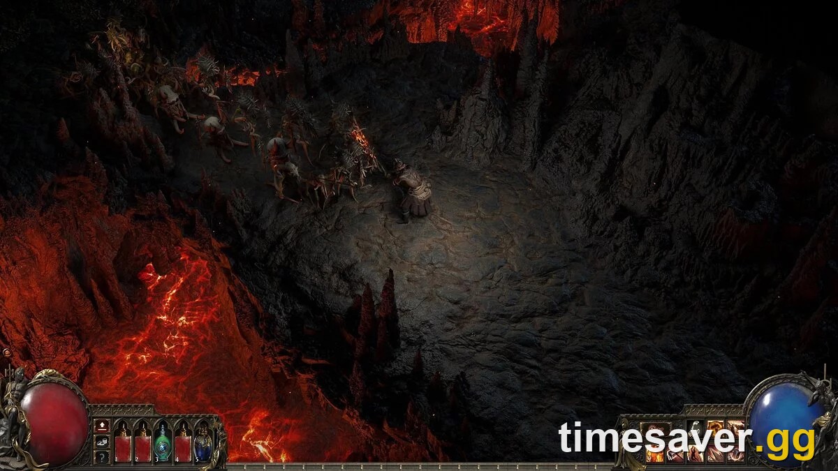 Path of Exile 2 endgame combat in a lava-filled zone — the kind of GPU-heavy scene that surfaces Nvidia driver crashes and stutter