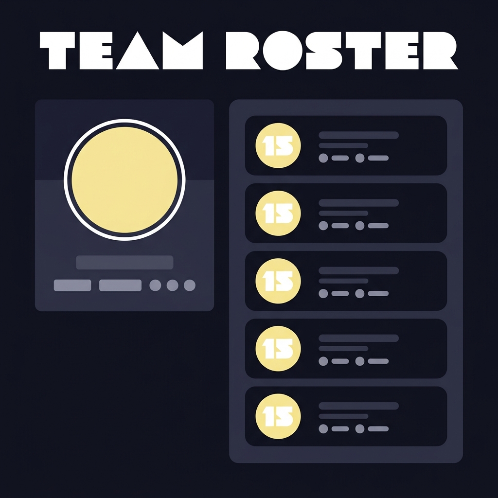 Minimalist 2D vector player profile header and team roster with circular jersey badge showing number 15 on dark Funded Plays style background nba player 15